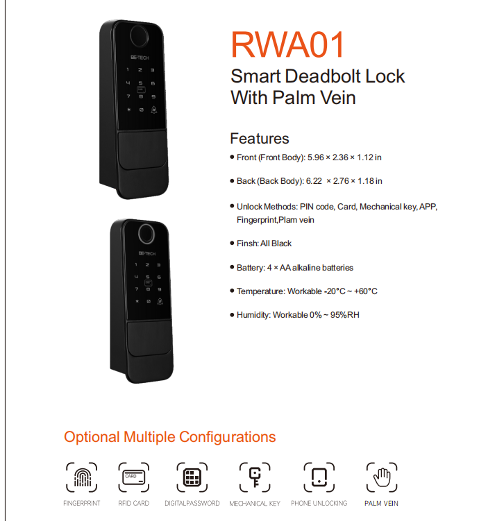 Be-Tech Smart Deadbolt Lock with Plam Vein- RWA01